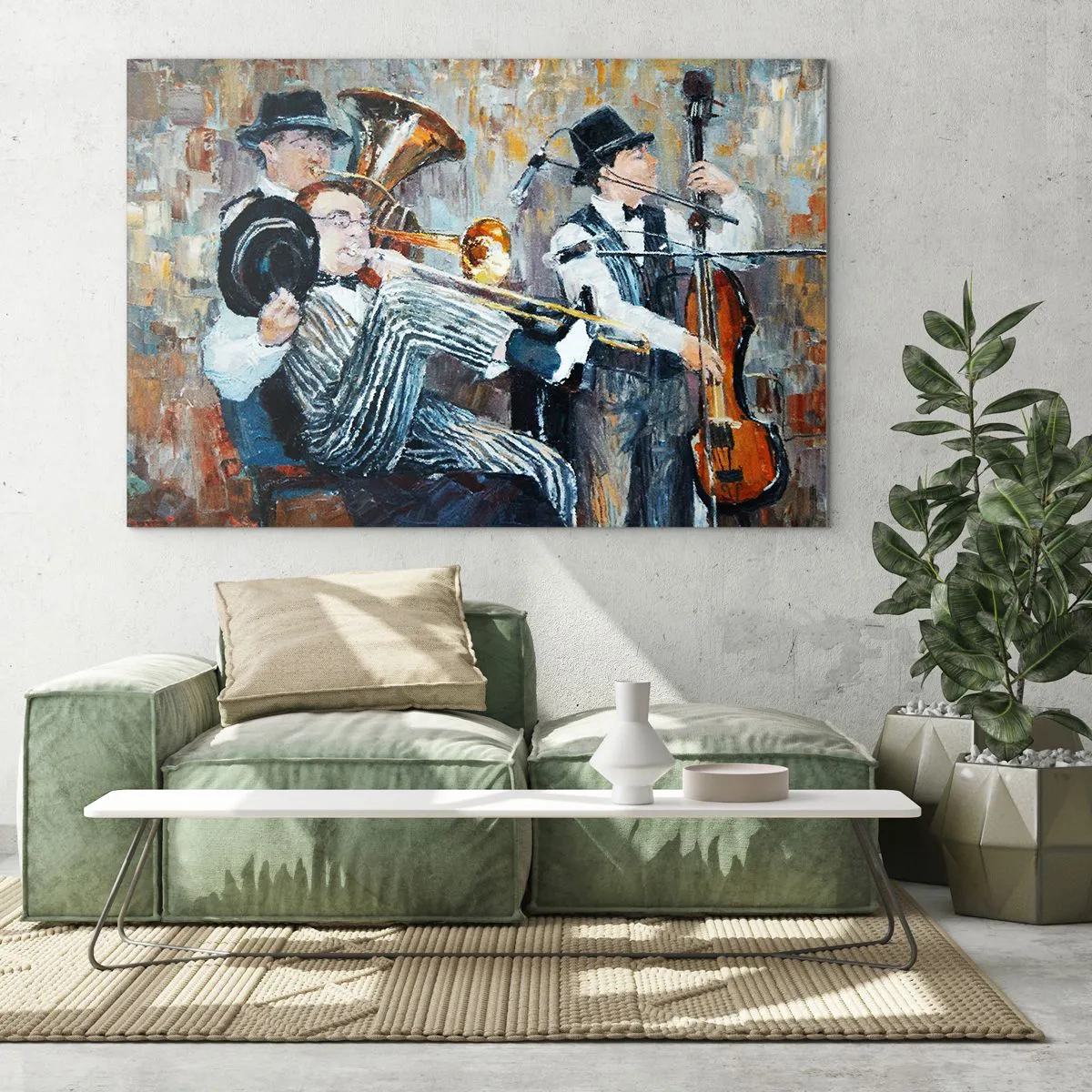 Impression sur verre - Image sur verre - Un groupe de jazz dans une scène impressionniste atmosphérique - 120x80cm - C'est tout le Jazz - Décoration murale moderne pour le salon et la chambre ARTTOR