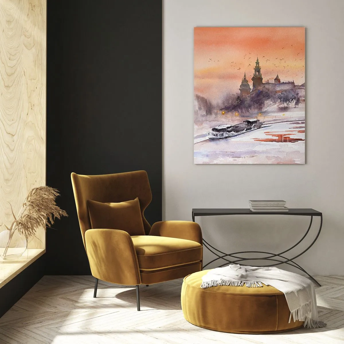 Impression sur verre - Image sur verre - Coucher de soleil sur le château royal et la rivière en hiver - 50x70cm - Coucher de soleil royal - Décoration murale moderne pour le salon et la chambre ARTTOR