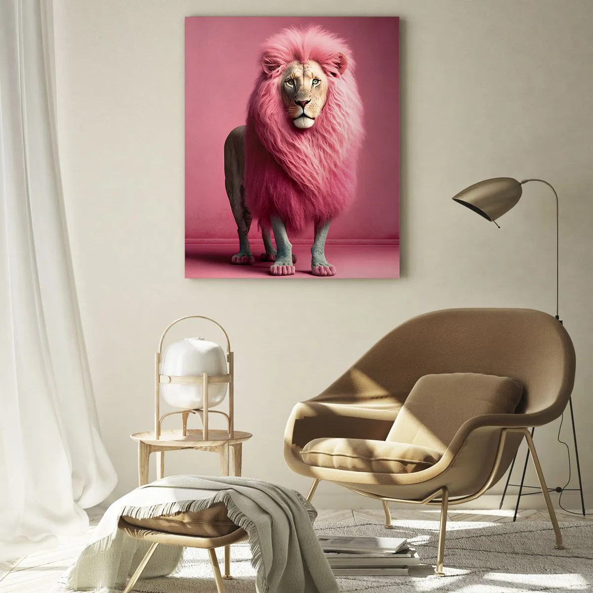 Impression sur verre - Image sur verre - Un lion avec une crinière rose contre un mur pastel - 50x70cm - Et tu n'as plus peur - Décoration murale moderne pour le salon et la chambre ARTTOR