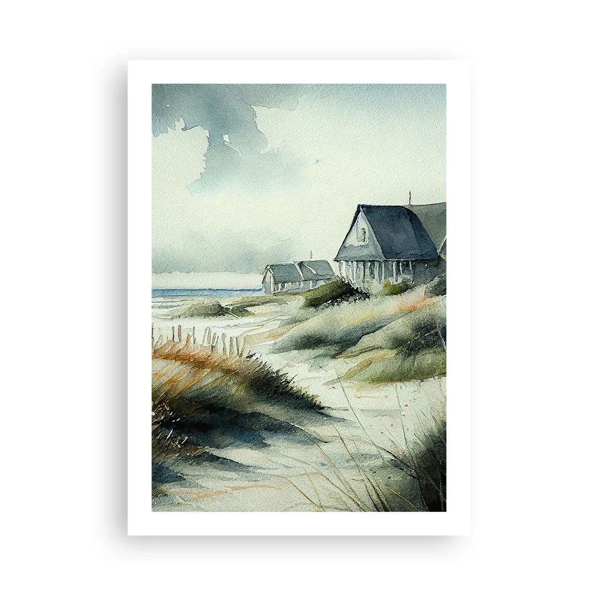 Affiche - Poster - Maison de plage aquarelle avec vue sur la mer - 50x70cm - Loin de l'agitation - Décoration murale moderne pour le salon et la chambre ARTTOR