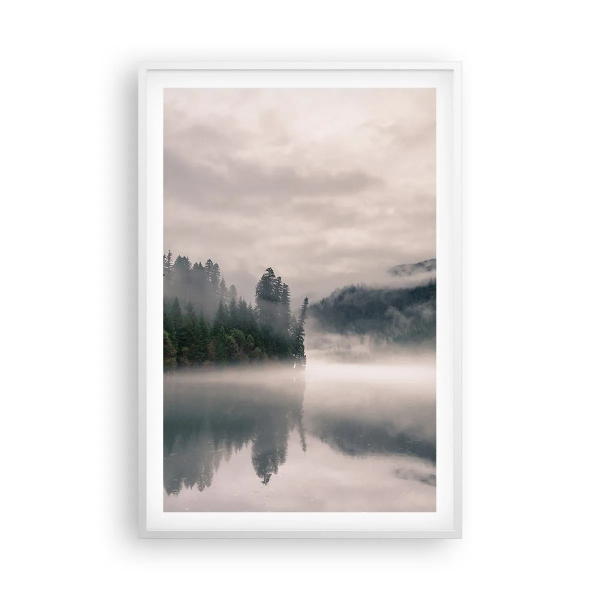 Affiche dans un cadre blanc - Poster - Reflet dans le brouillard - 61x91 cm
