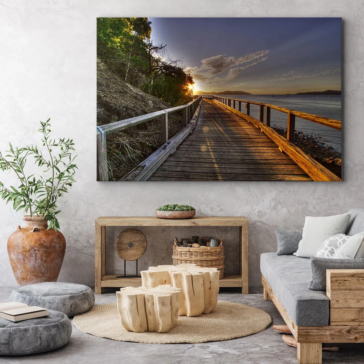 Impression sur toile - Image sur toile - Une jetée en bois mène vers le coucher de soleil sur l'eau - 70x50cm - Aller, aller tout le temps en direction du soleil - Décoration murale moderne pour le salon et la chambre ARTTOR