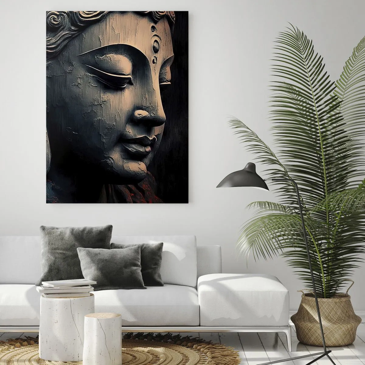 Impression sur verre - Image sur verre - Sculpture de Bouddha avec une fleur de lotus rouge - 80x120cm - En harmonie avec le monde - Décoration murale moderne pour le salon et la chambre ARTTOR