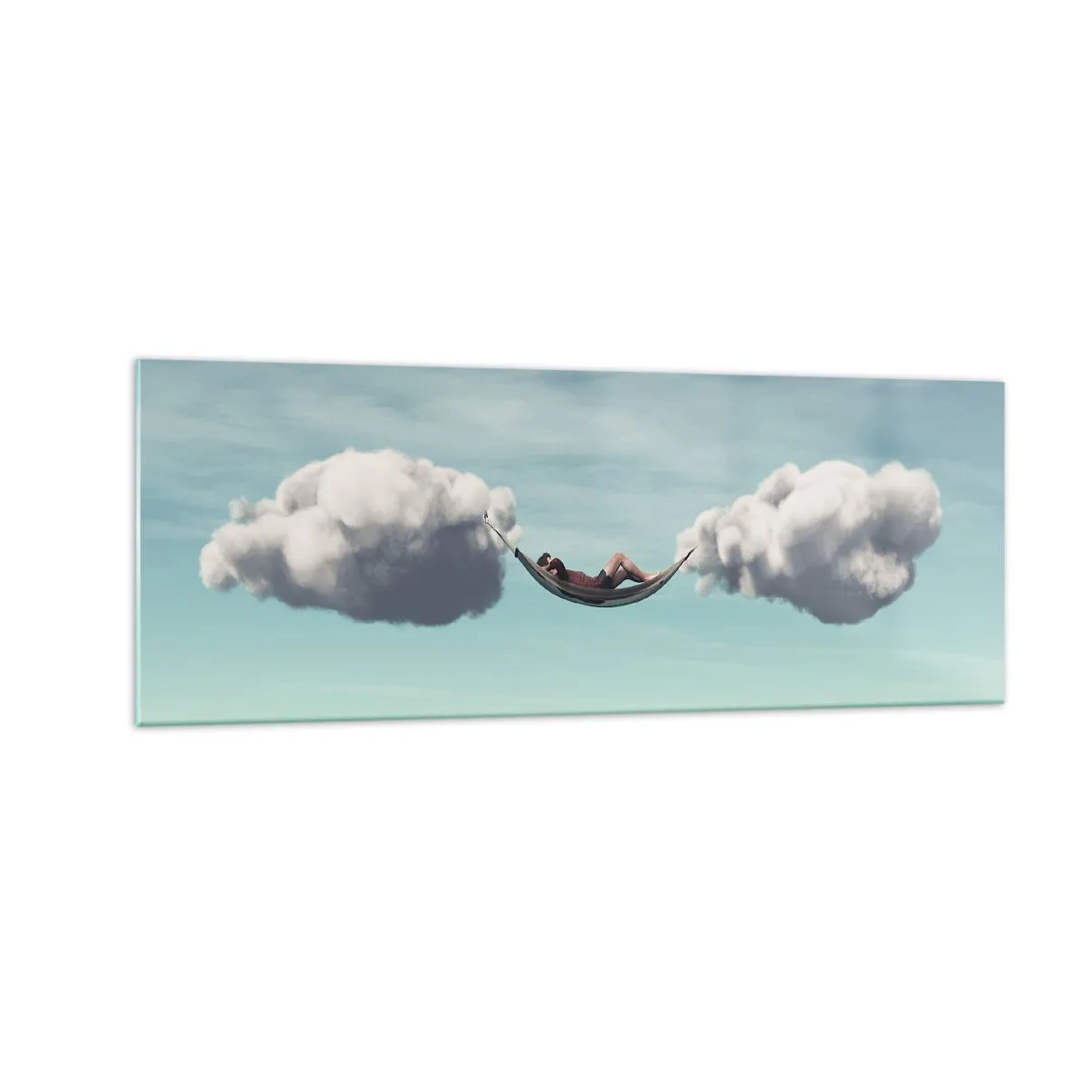 Impression sur verre - Image sur verre - Une personne se détendant dans un hamac suspendu dans les nuages - 140x50cm - Instant de bonheur - Décoration murale moderne pour le salon et la chambre ARTTOR
