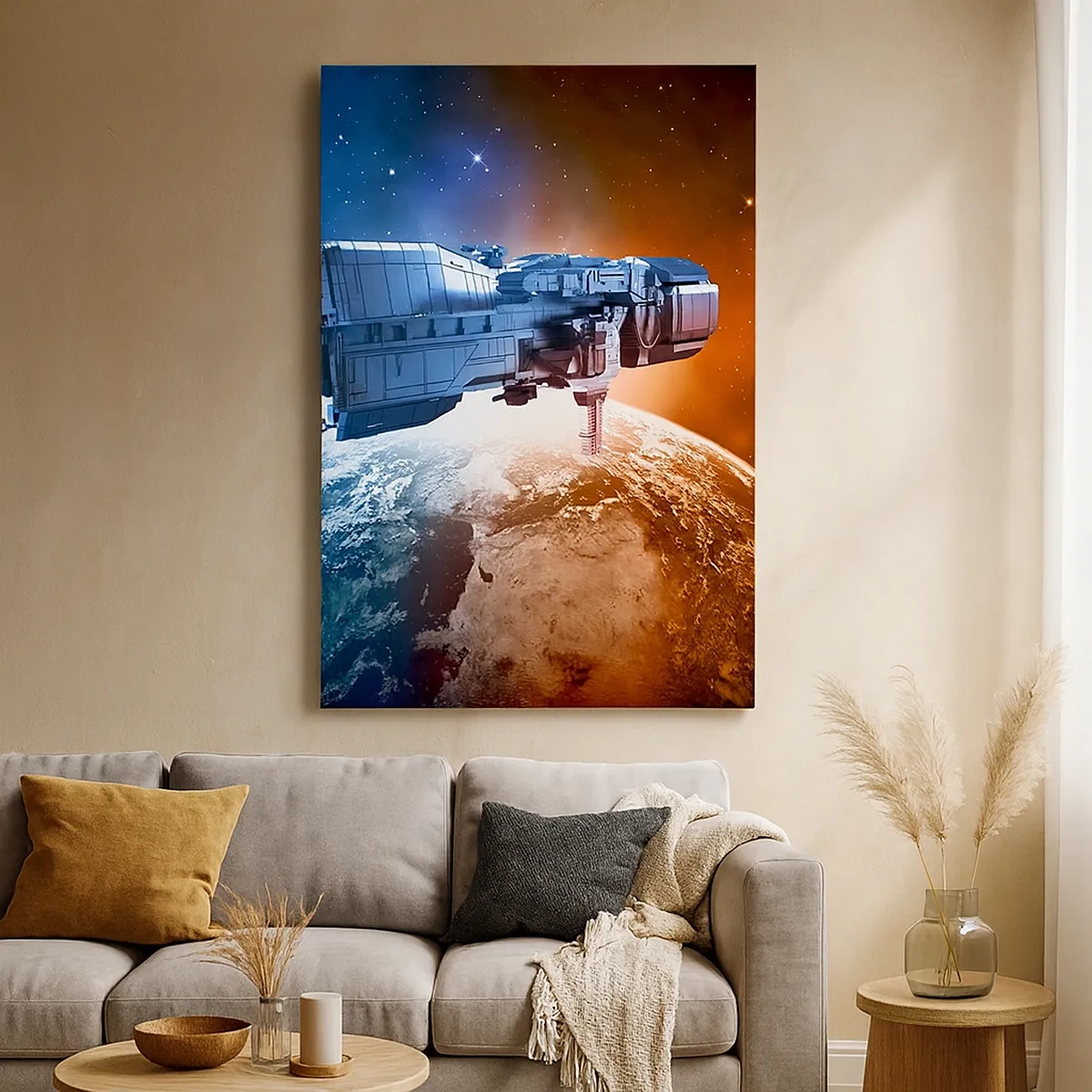 Impression sur toile - Image sur toile - Un vaisseau spatial avec en arrière-plan une planète dans l'espace - 50x70cm - Un observateur attentif - Décoration murale moderne pour le salon et la chambre ARTTOR