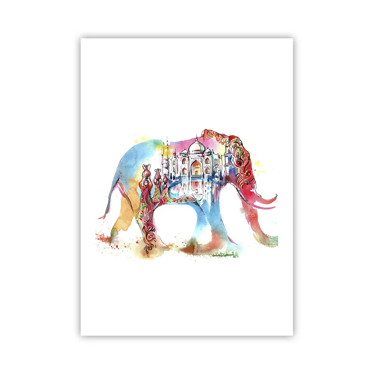 Affiche - Poster - Éléphant coloré avec des motifs indiens et le Taj Mahal - 50x70cm - Inde - l'aura de l'amour - Décoration murale moderne pour le salon et la chambre ARTTOR