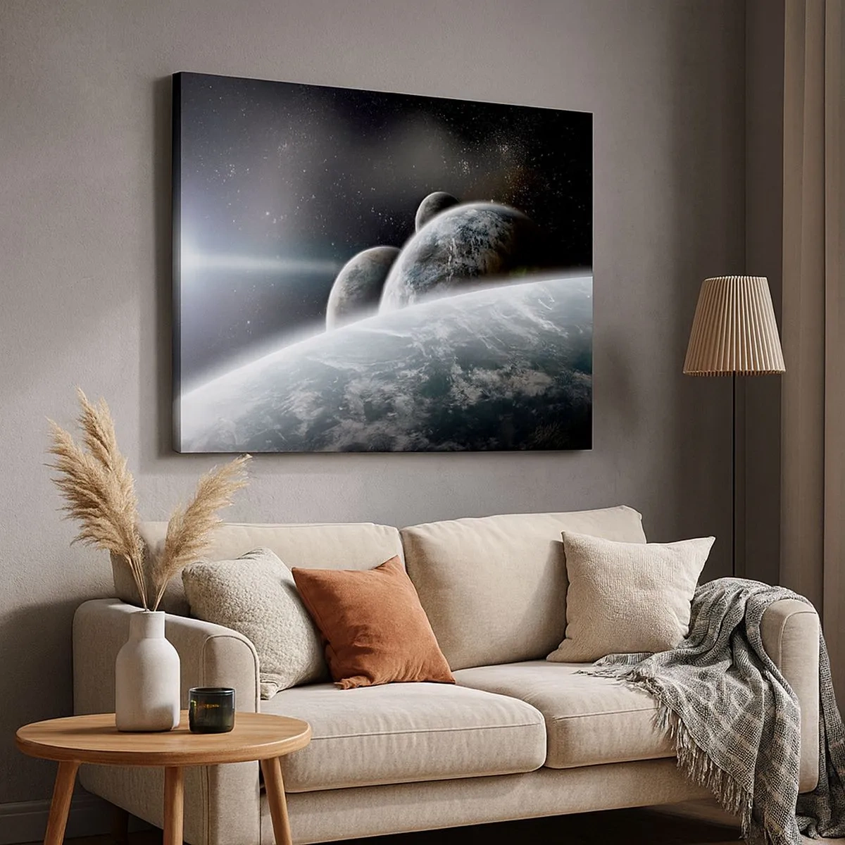 Impression sur toile - Image sur toile - Planètes dans l'espace sur fond d'étoiles et de galaxies - 70x50cm - Musique cosmique des sphères - Décoration murale moderne pour le salon et la chambre ARTTOR