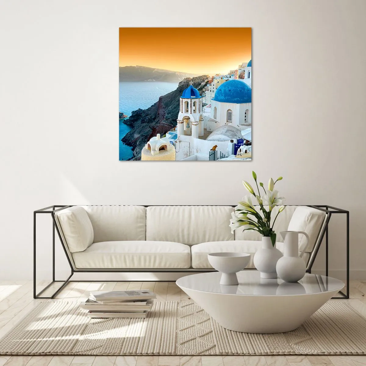 Impression sur verre - Image sur verre - Santorin - blotti contre les rochers - 30x30 cm