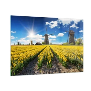Impression sur verre - Image sur verre - Un champ de tulipes jaunes avec des moulins à vent en arrière-plan par une journée ensoleillée. - 100x70cm - Ça ne pourrait pas être plus hollandais - Décoration murale moderne pour le salon et la chambre ARTTOR
