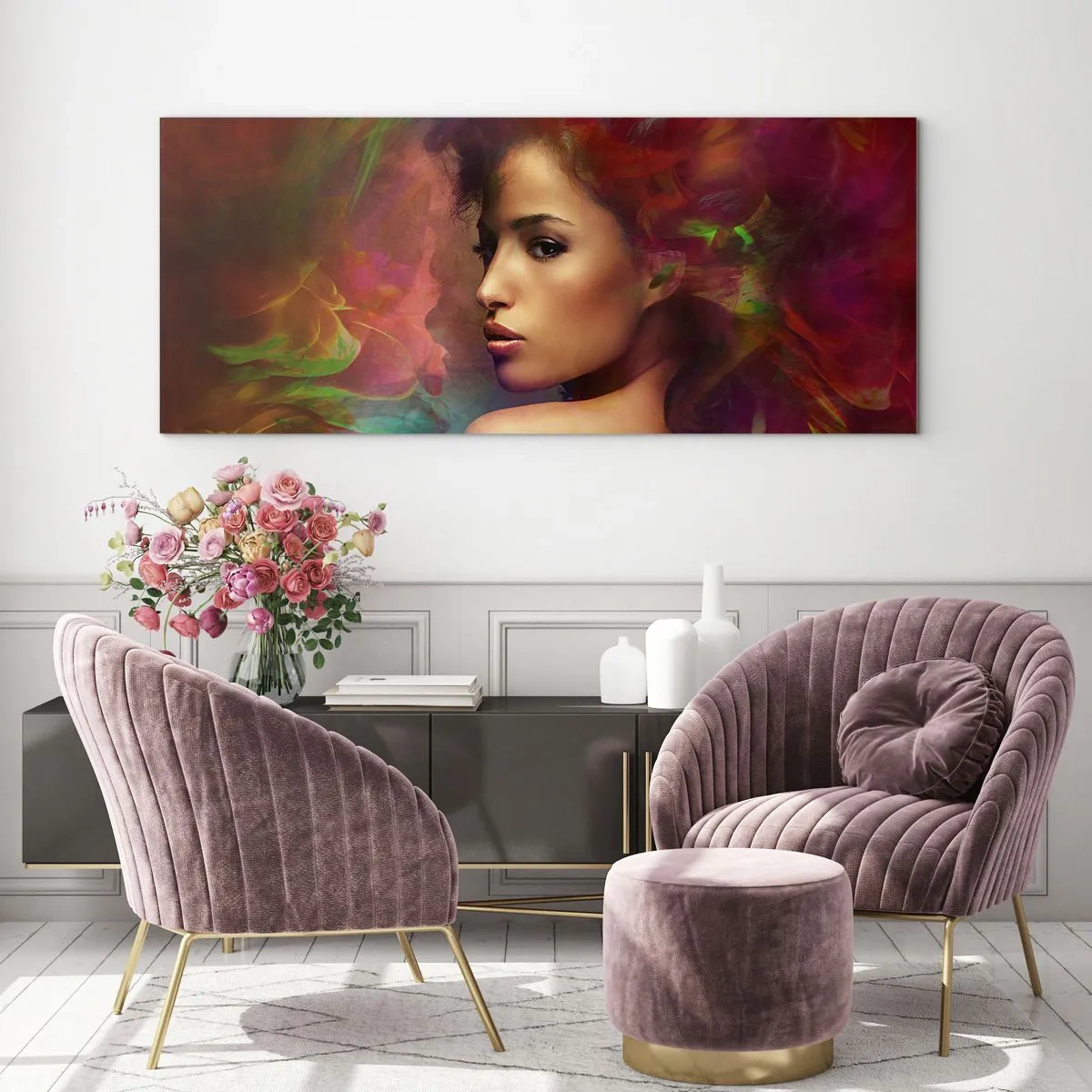 Impression sur verre - Image sur verre - Une femme aux reflets colorés créant un arrière-plan abstrait - 120x50cm - Plus beau qu'un arc-en-ciel, aussi délicat qu'un brouillard - Décoration murale moderne pour le salon et la chambre ARTTOR