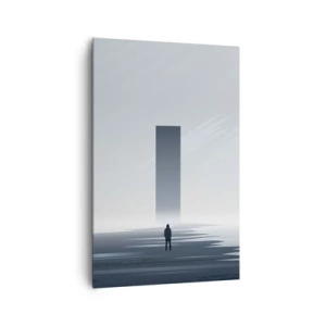 Impression sur toile - Image sur toile - Un paysage minimaliste avec une silhouette à côté d'un monolithe rectangulaire - 80x120cm - Opportunité ou menace ? - Décoration murale moderne pour le salon et la chambre ARTTOR