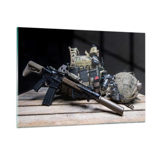 Impression sur verre - Image sur verre - Équipement tactique et armes disposés sur une table en bois - 120x80cm - Se reposer! - Décoration murale moderne pour le salon et la chambre ARTTOR