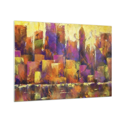 Impression sur verre - Image sur verre - Une métropole abstraite aux couleurs chaudes avec des accents de violet. - 100x70cm - Composition métropolitaine - Décoration murale moderne pour le salon et la chambre ARTTOR
