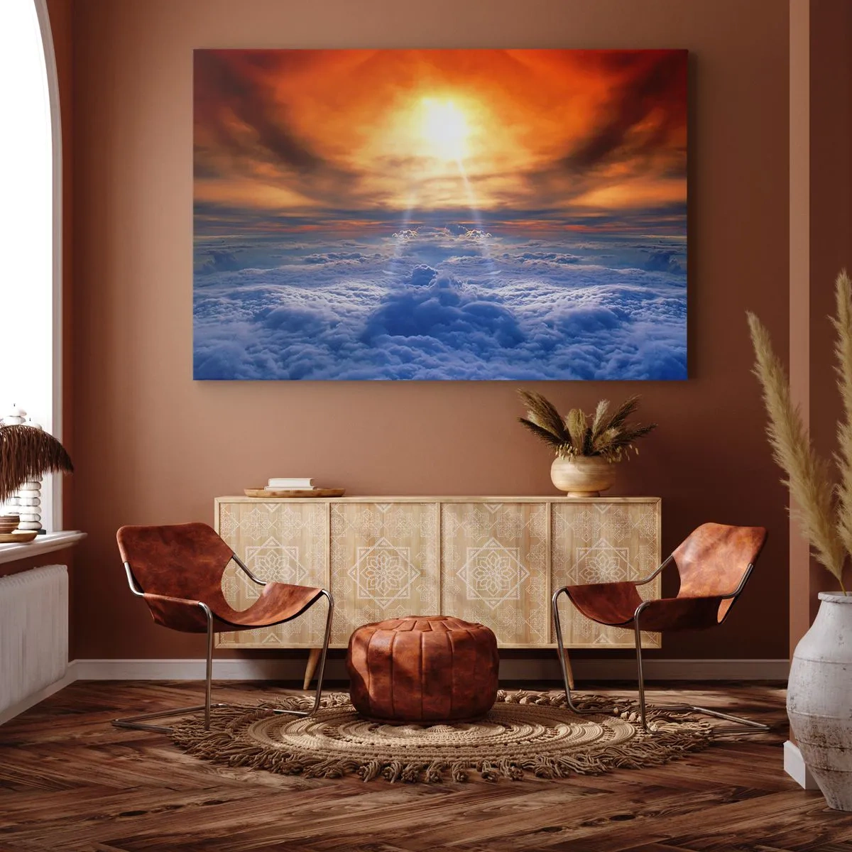 Impression sur toile - Image sur toile - Coucher de soleil au dessus des nuages, le ciel plein de couleurs dorées et de lumière. - 120x80cm - Paysage mystique - Décoration murale moderne pour le salon et la chambre ARTTOR