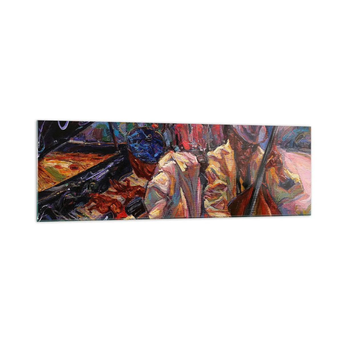 Impression sur verre - Image sur verre - Scène de jazz énergique avec musiciens et instruments - 160x50cm - Dans le même tempo - Décoration murale moderne pour le salon et la chambre ARTTOR