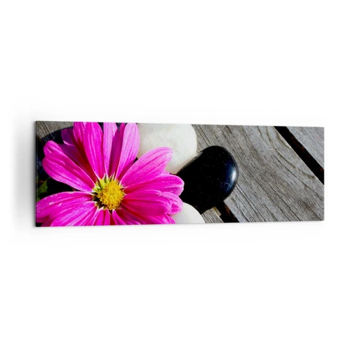 Impression sur toile - Image sur toile - Fleur rose sur un fond de planches de bois avec des pierres - 160x50cm - Repos sur la jetée - Décoration murale moderne pour le salon et la chambre ARTTOR