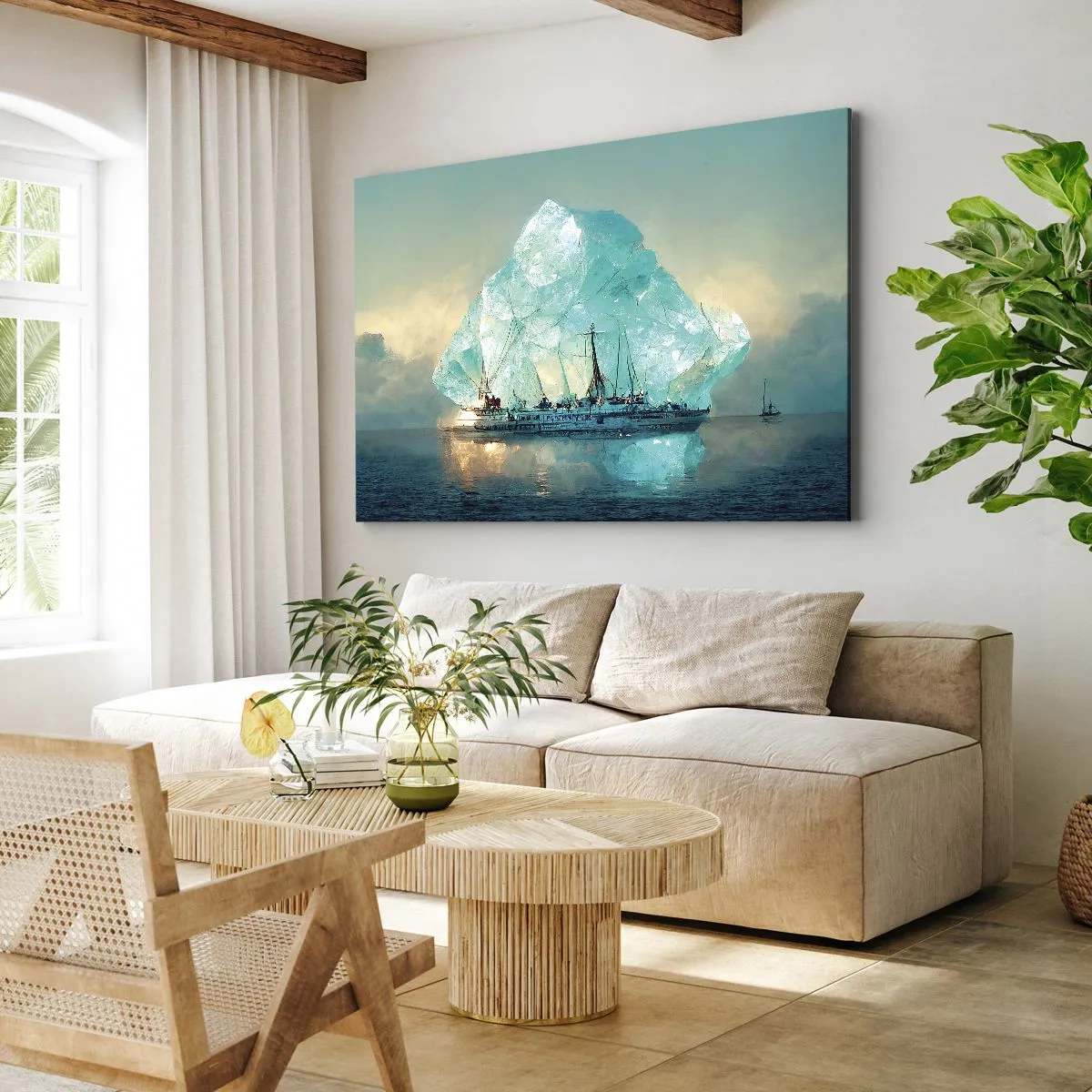 Impression sur toile - Image sur toile - Un navire avec un iceberg majestueux en arrière-plan - 70x50cm - Diamant arctique - Décoration murale moderne pour le salon et la chambre ARTTOR