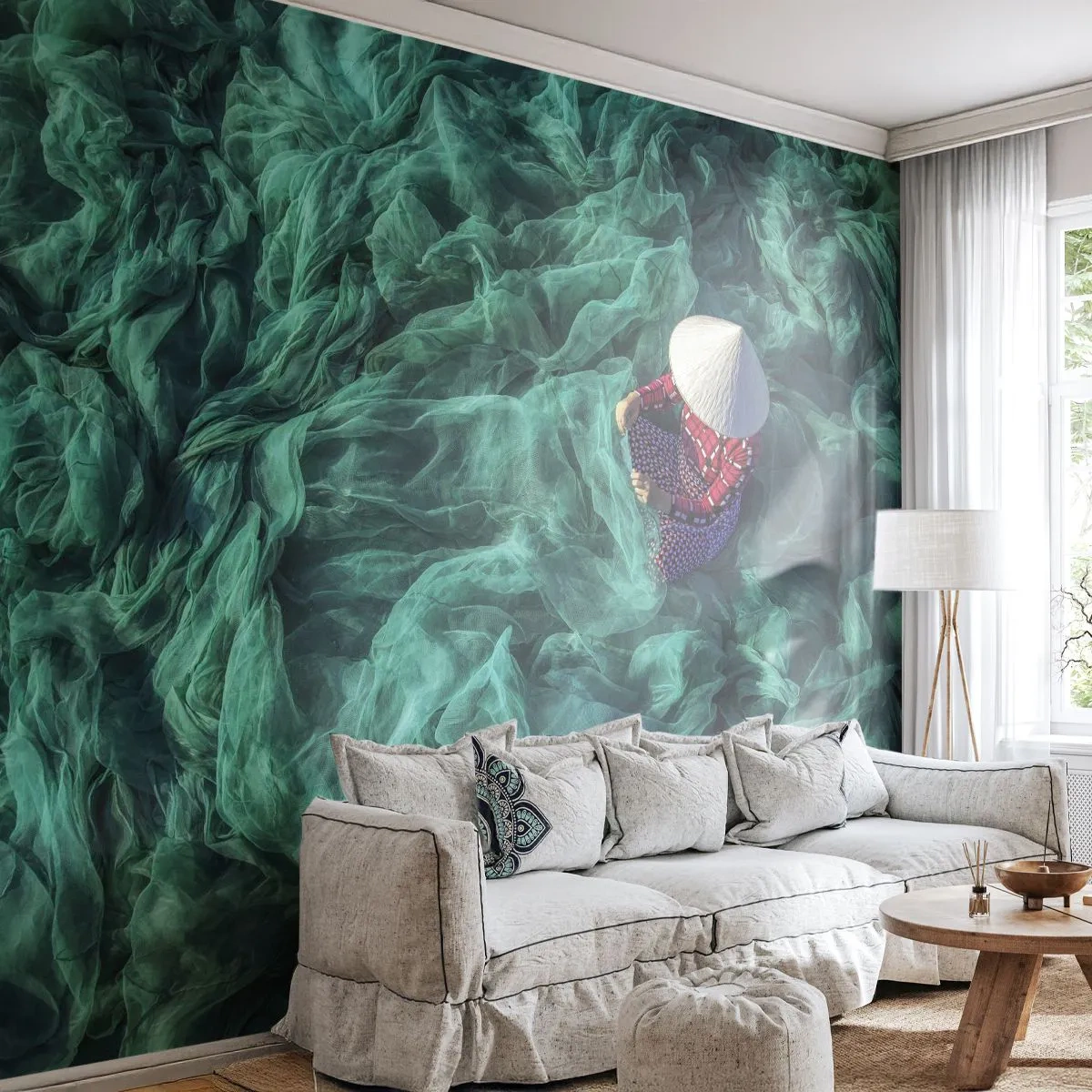 Papier Peint Autocollant Deluxe Sticker - Dans une mer de filet - Filet de pêche, Femme, Viêt Nam - 250x175 cm