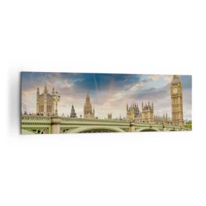 Impression sur toile - Image sur toile - Big Ben et le pont de Westminster contre le ciel au crépuscule - 160x50cm - Le temps s'est arrêté dans l'Empire - Décoration murale moderne pour le salon et la chambre ARTTOR