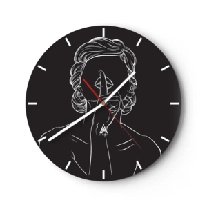 Horloge murale - Pendule murale - Un contour blanc d'une femme avec son doigt sur sa bouche sur un fond noir. - 30x30cm - La beauté s'épanouit en silence - Décoration murale moderne pour le salon, la cuisine et la chambre ARTTOR