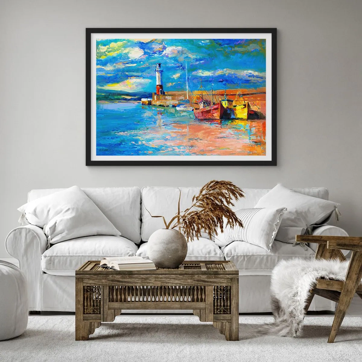 Affiche dans un cadre noir - Poster - Port de pêche avec bateaux et phare aux couleurs vives - 100x70cm - Un après-midi dans la baie arc-en-ciel - Décoration murale moderne pour le salon et la chambre ARTTOR