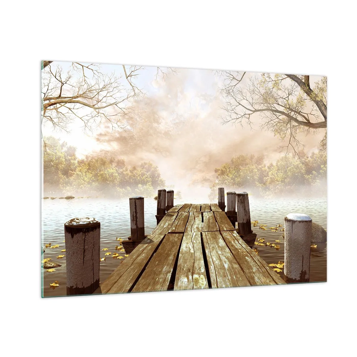 Impression sur verre - Image sur verre - Une jetée en bois sur un lac calme dans le brouillard - 100x70cm - La douce tristesse de l'automne - Décoration murale moderne pour le salon et la chambre ARTTOR