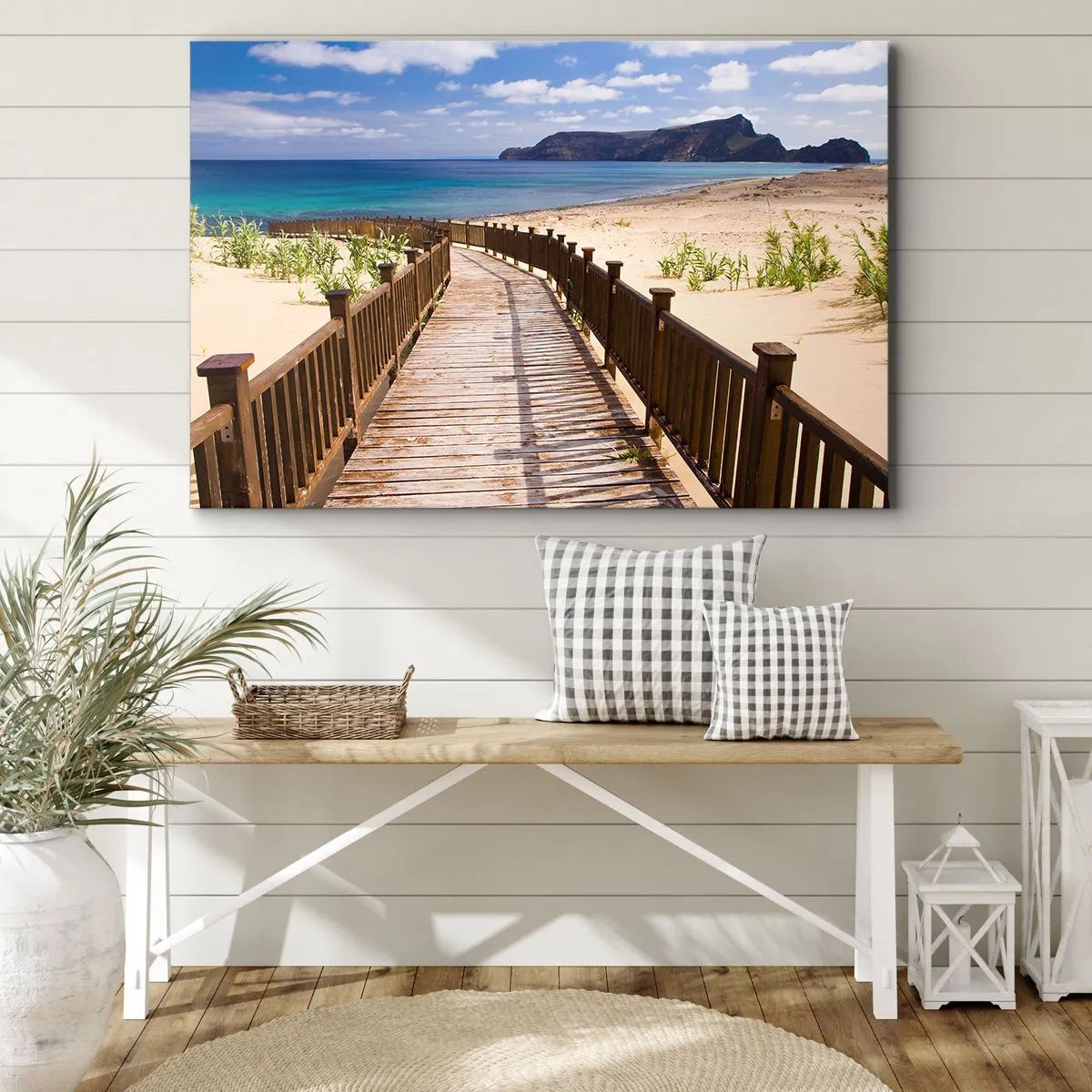 Impression sur toile - Image sur toile - Chemin en bois menant à la plage avec vue sur l'océan - 100x70cm - Emmène-moi dans les îles du bonheur - Décoration murale moderne pour le salon et la chambre ARTTOR