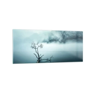 Impression sur verre - Image sur verre - Un arbre solitaire dans l'eau entouré de brouillard et de montagnes - 120x50cm - D'eau et de brouillard - Décoration murale moderne pour le salon et la chambre ARTTOR