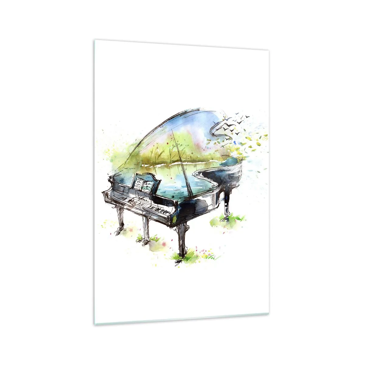 Impression sur verre - Image sur verre - Aquarelle artistique d'un piano avec la nature en arrière-plan - 70x100cm - Enchanté en musique - Décoration murale moderne pour le salon et la chambre ARTTOR