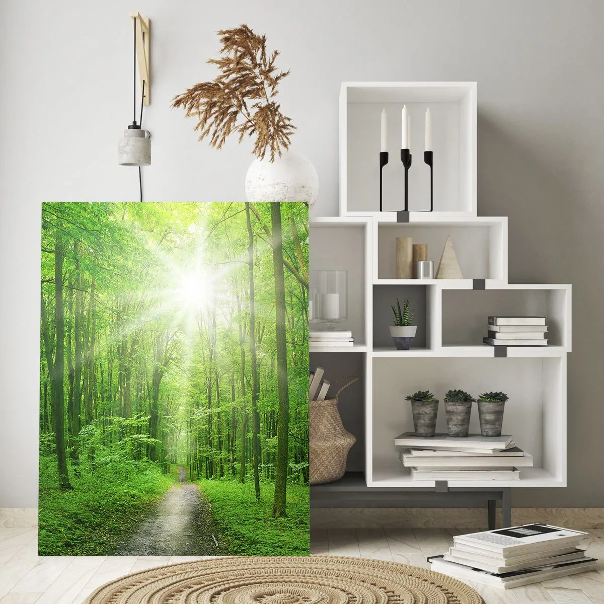 Impression sur verre - Image sur verre - Chemin dans la forêt avec les rayons du soleil - 80x120cm - Cathédrale verte - Décoration murale moderne pour le salon et la chambre ARTTOR