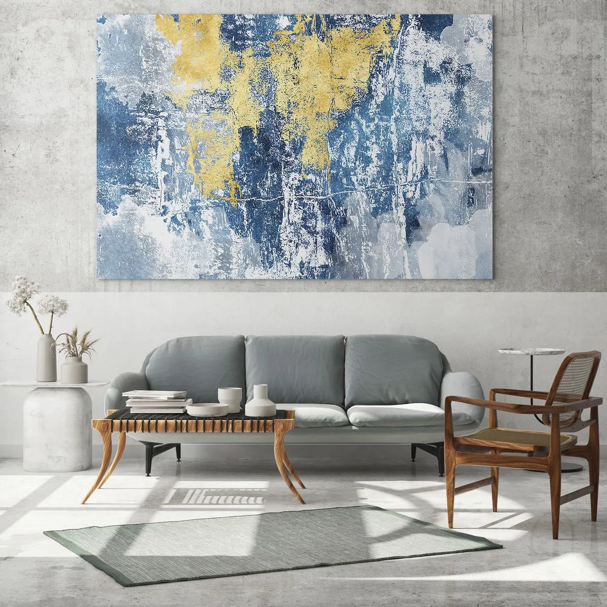 Impression sur verre - Image sur verre - Abstraction bleue et jaune avec un effet vieilli et texturé - 100x70cm - Abstraction du temps - Décoration murale moderne pour le salon et la chambre ARTTOR