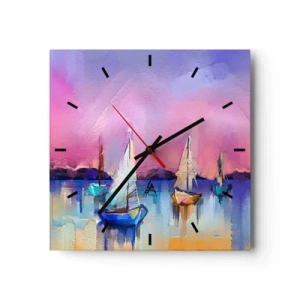 Horloge murale - Pendule murale - Voiliers sur une mer calme aux couleurs pastel du coucher de soleil - 30x30cm - Direction: les eaux larges - Décoration murale moderne pour le salon et la chambre ARTTOR