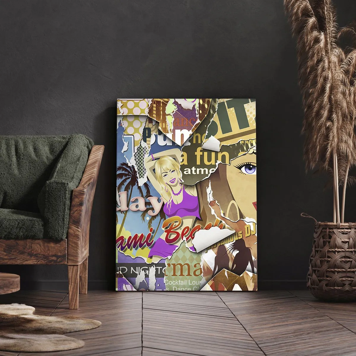 Impression sur toile - Image sur toile - Un collage coloré avec des éléments rétro et pop art. - 50x70cm - Souvenirs de vacances - Décoration murale moderne pour le salon et la chambre ARTTOR