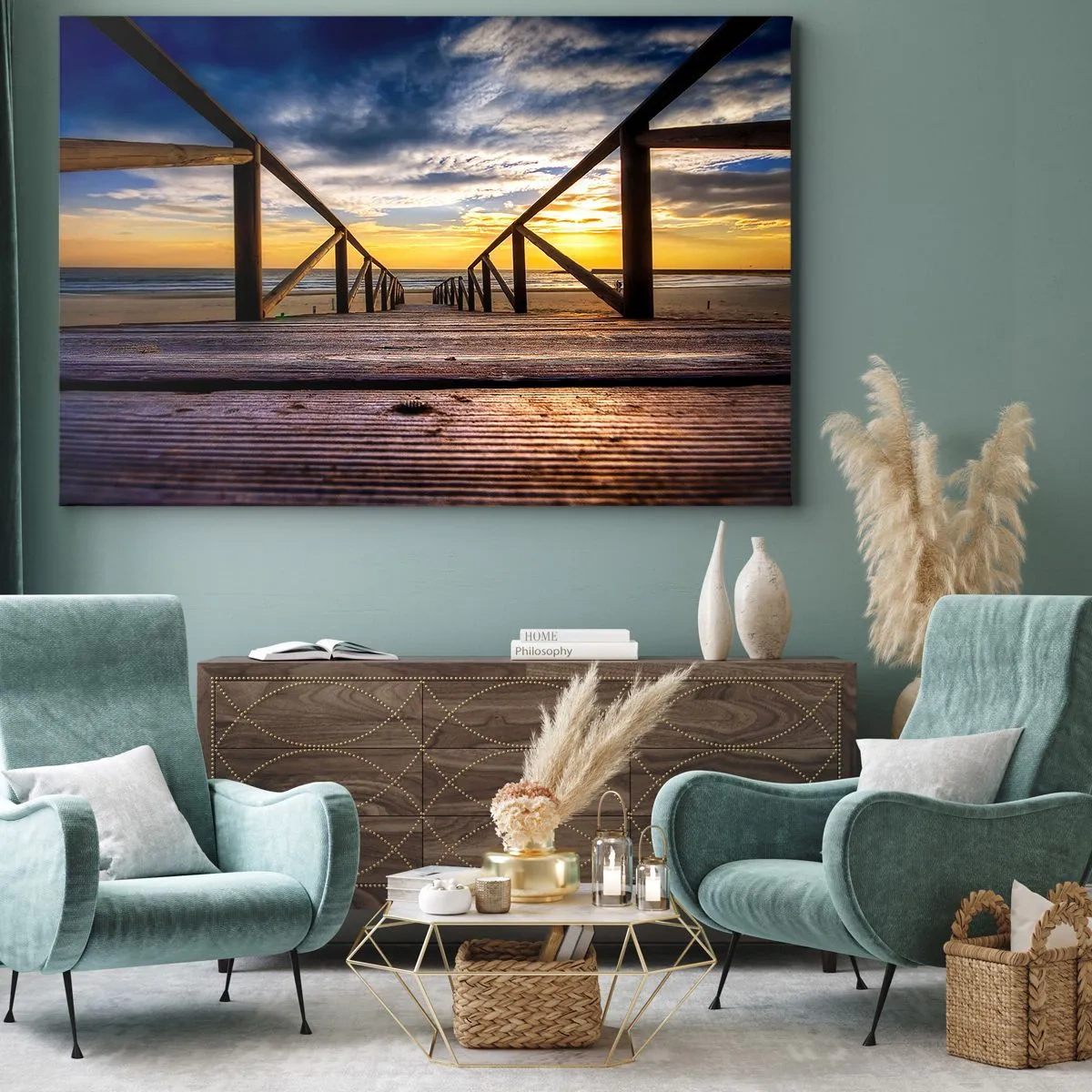 Impression sur toile - Image sur toile - Jetée en bois menant à la plage au coucher du soleil - 120x80cm - Directement sur une plage calme au coucher de soleil - Décoration murale moderne pour le salon et la chambre ARTTOR