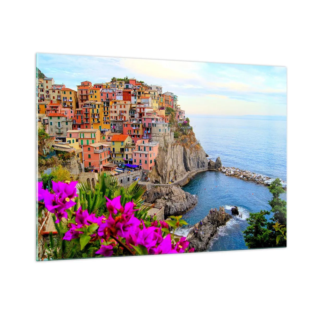 Impression sur verre - Image sur verre - Maisons colorées sur une falaise surplombant la mer - 100x70cm - La ville qui rit - Décoration murale moderne pour le salon et la chambre ARTTOR