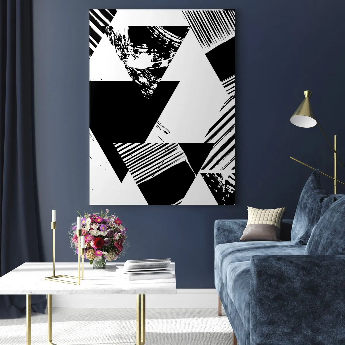 Impression sur verre - Image sur verre - Motifs géométriques de forme minimaliste en noir et blanc - 70x100cm - Pluie de triangles - Décoration murale moderne pour le salon et la chambre ARTTOR