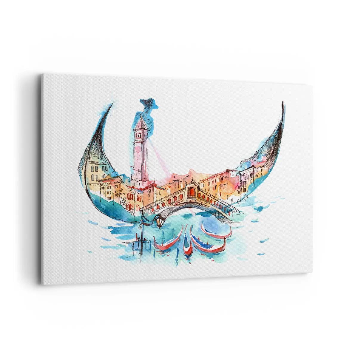 Impression sur toile - Image sur toile - Une composition à l'aquarelle de Venise en forme de gondole - 100x70cm - Nous naviguons à travers la ville - Décoration murale moderne pour le salon et la chambre ARTTOR