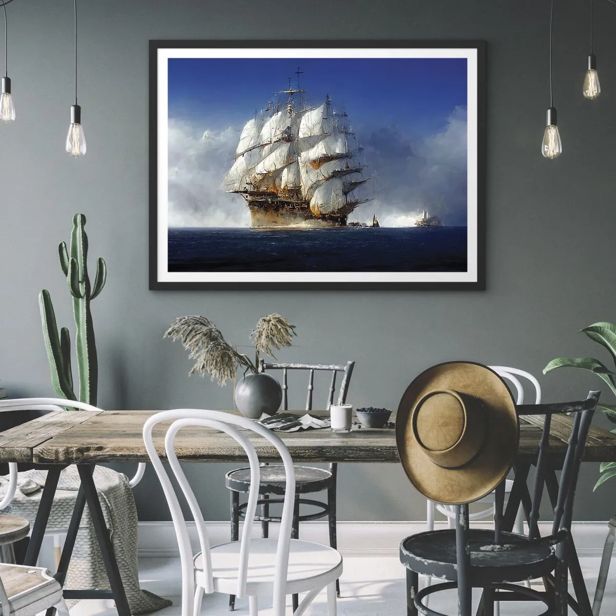 Affiche dans un cadre noir - Poster - Un voilier en pleine mer sous un ciel bleu - 70x50cm - La grande gloire ! - Décoration murale moderne pour le salon et la chambre ARTTOR