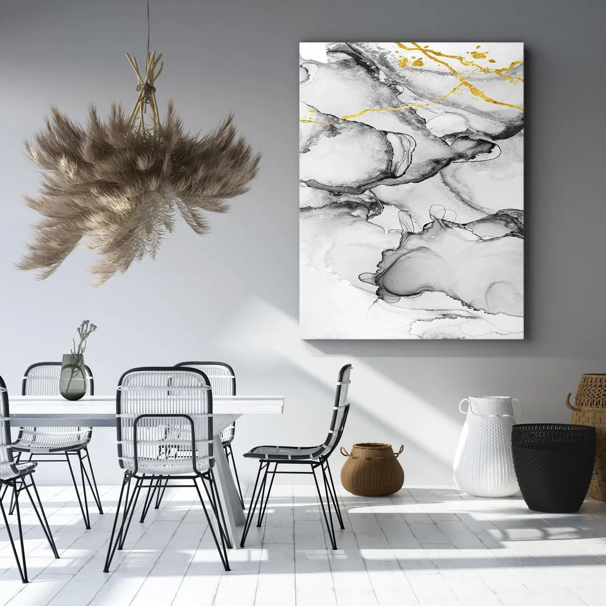Impression sur toile - Image sur toile - Motifs abstraits en noir et blanc avec des accents dorés - 70x100cm - Composition à motif or - Décoration murale moderne pour le salon et la chambre ARTTOR