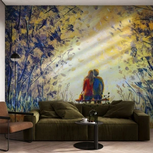 Papier Peint Photo Premium Sand - Scène romantique d'un couple sur un banc à la lumière du soleil couchant - 100x70cm - Moment magique - Décoration murale moderne pour le salon et la chambre ARTTOR