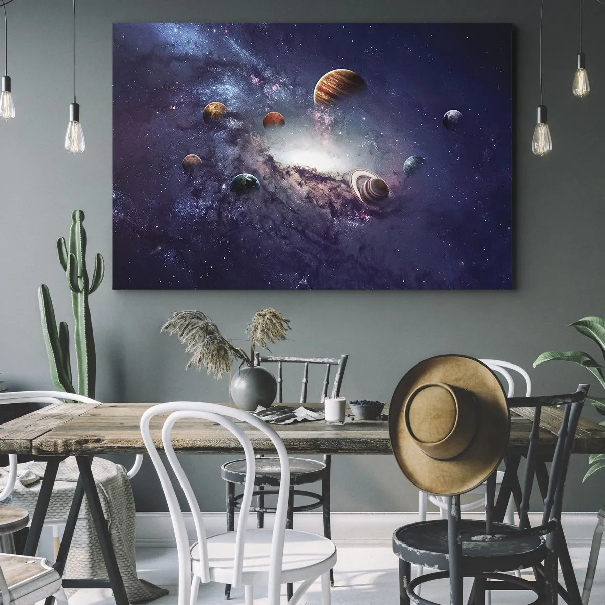 Impression sur toile - Image sur toile - Planètes dans une galaxie avec une nébuleuse en arrière-plan - 70x50cm - Système de danse solaire - Décoration murale moderne pour le salon et la chambre ARTTOR