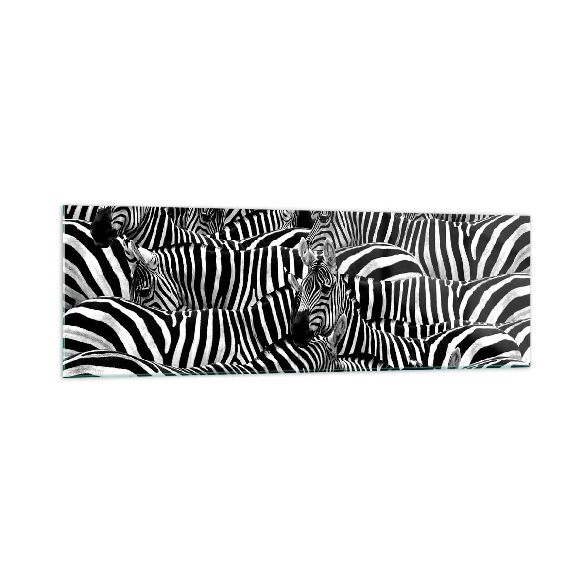 Impression sur verre - Image sur verre - Un groupe de zèbres avec des rayures noires et blanches créant un motif de symétrie. - 160x50cm - Portrait collectif à rayures - Décoration murale moderne pour le salon et la chambre ARTTOR