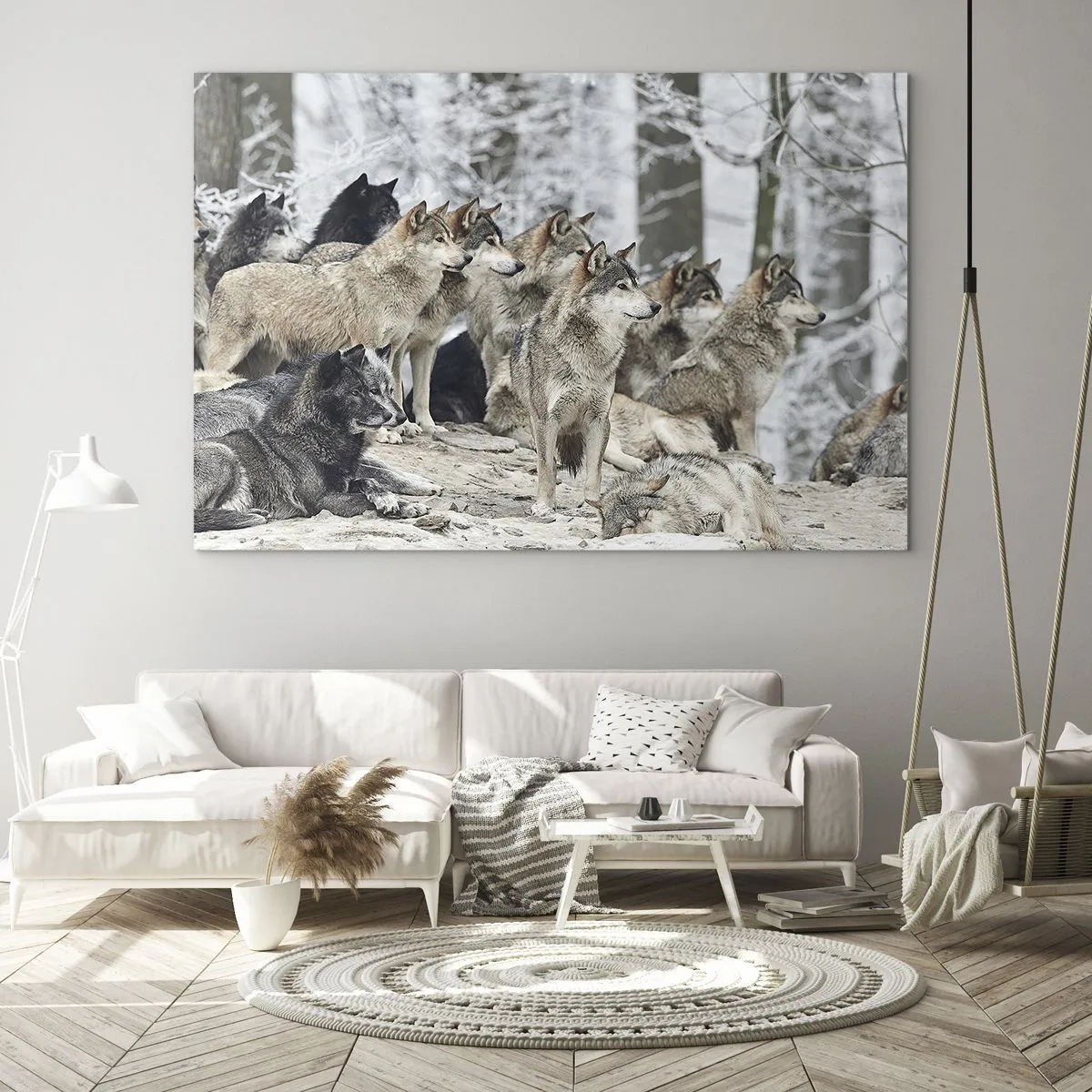 Impression sur verre - Image sur verre - Une meute de loups dans la forêt d'hiver - 120x80cm - Famille et amis - Décoration murale moderne pour le salon et la chambre ARTTOR