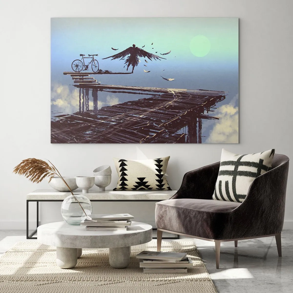 Impression sur verre - Image sur verre - Une silhouette avec un vélo sur un pont en bois au-dessus des nuages - 70x50cm - Icare est toujours vivant - Décoration murale moderne pour le salon et la chambre ARTTOR