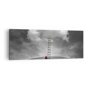 Impression sur toile - Image sur toile - Une personne portant un manteau rouge et une échelle menant à un nuage - 140x50cm - Tout est possible - Décoration murale moderne pour le salon et la chambre ARTTOR