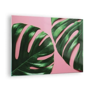 Impression sur verre - Image sur verre - Feuilles de monstera vertes sur fond rose - 70x50cm - Rendez-vous vert - Décoration murale moderne pour le salon et la chambre ARTTOR