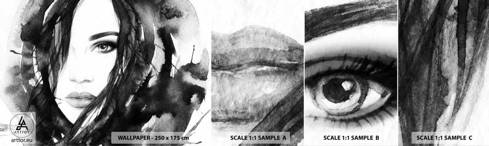 Échantillon De Papier Peint Standard Eco - Portrait d'une dame en noir et blanc - Abstraction, Visage de femme, Portrait - 100x30 cm