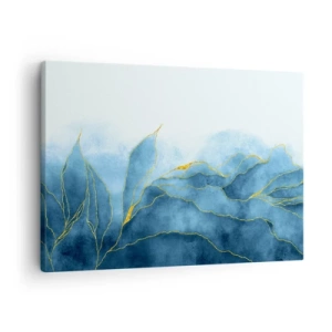 Impression sur toile - Image sur toile - Vagues abstraites dans des tons de bleu avec des accents dorés - 70x50cm - Bleu doré - Décoration murale moderne pour le salon et la chambre ARTTOR