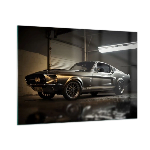 Impression sur verre - Image sur verre - Voiture classique dans un garage sous un éclairage industriel - 100x70cm - Retour dans le passé - Décoration murale moderne pour le salon et la chambre ARTTOR