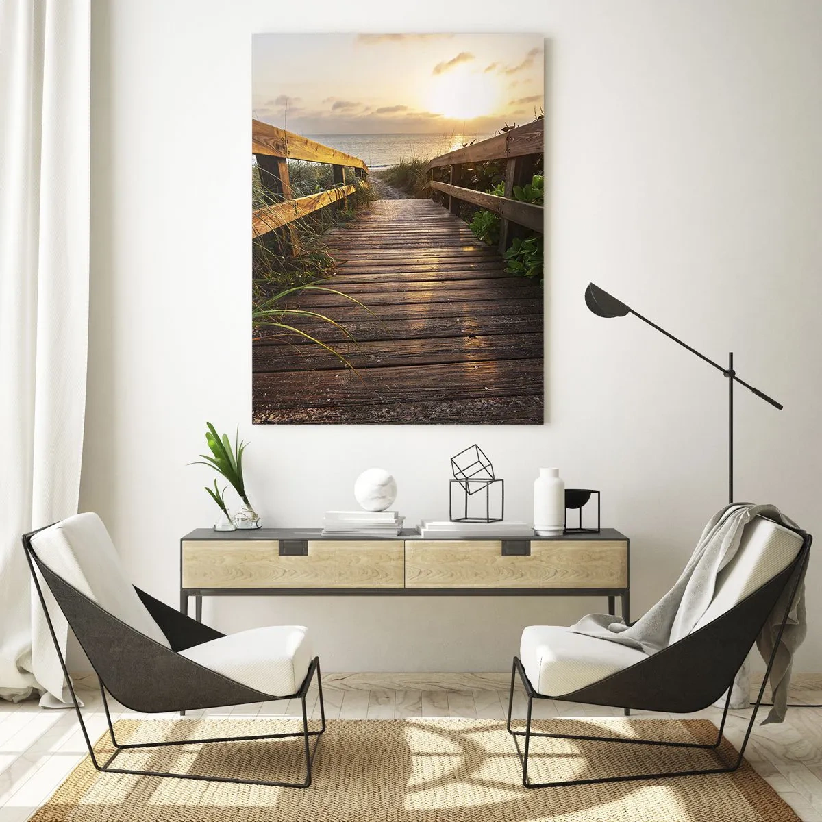 Impression sur verre - Image sur verre - Passerelle en bois menant à la plage au coucher du soleil - 50x70cm - Tout droit vers le rivage - Décoration murale moderne pour le salon et la chambre ARTTOR